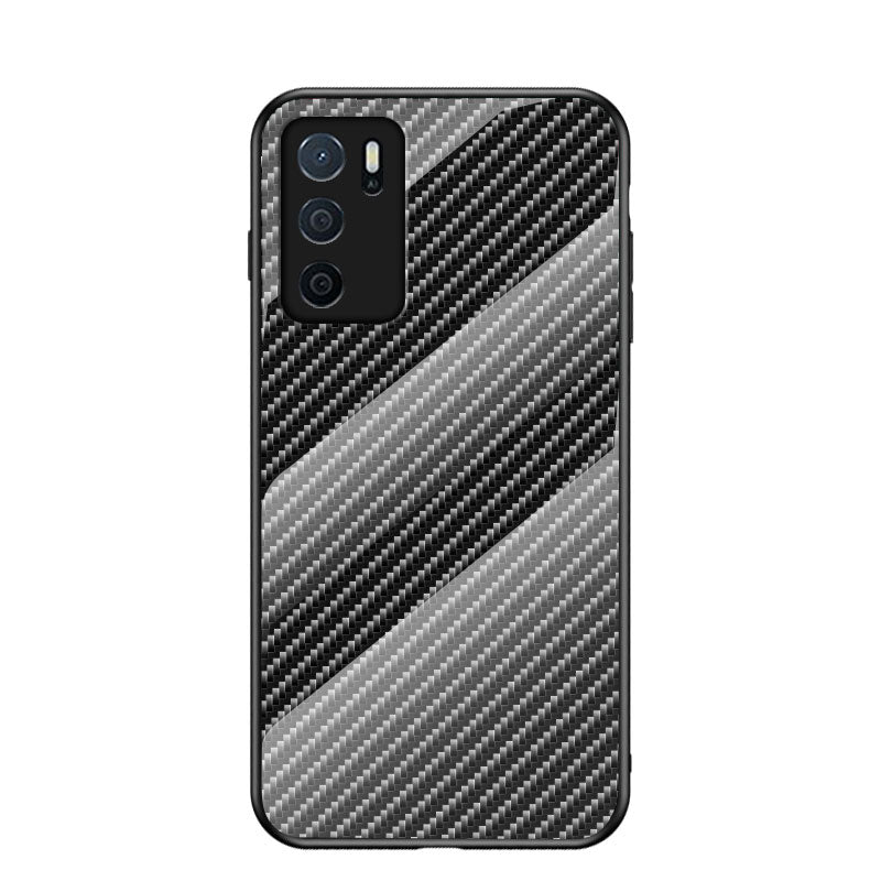 Slim Lightweight Scratch-Resistant Carbon Fiber Texture Luxury Hard Tempered Glass Back Cover Case for Oppo A16/A16s/A54s