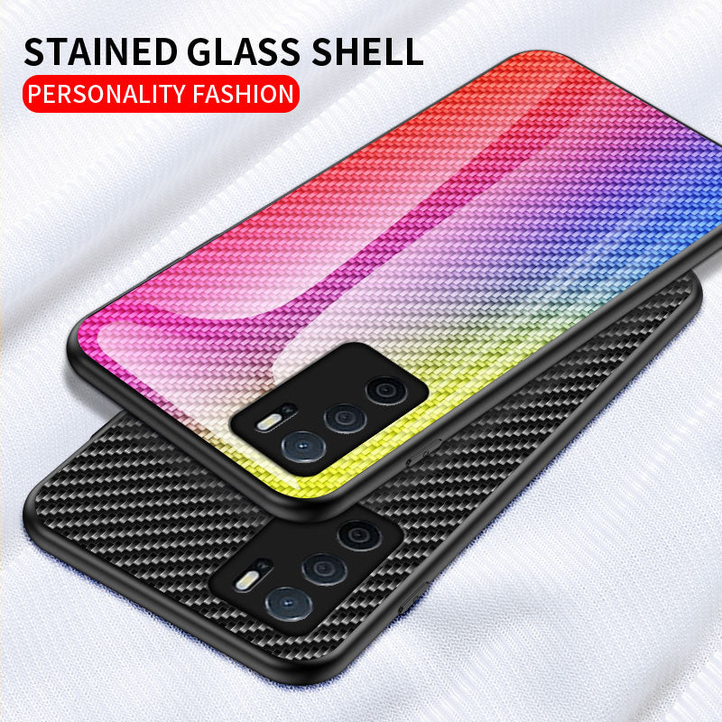 Slim Lightweight Scratch-Resistant Carbon Fiber Texture Luxury Hard Tempered Glass Back Cover Case for Oppo A16/A16s/A54s