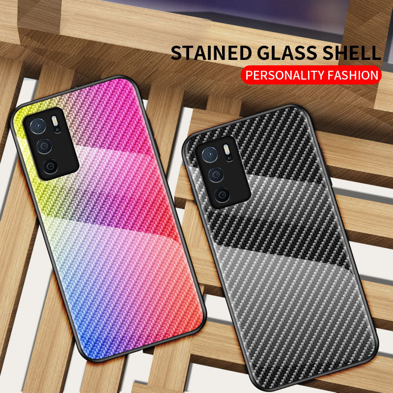 Slim Lightweight Scratch-Resistant Carbon Fiber Texture Luxury Hard Tempered Glass Back Cover Case for Oppo A16/A16s/A54s