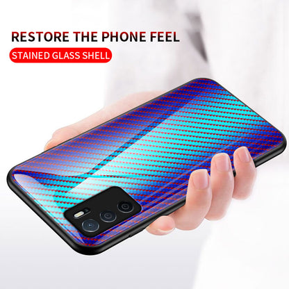 Slim Lightweight Scratch-Resistant Carbon Fiber Texture Luxury Hard Tempered Glass Back Cover Case for Oppo A16/A16s/A54s