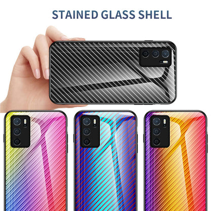 Slim Lightweight Scratch-Resistant Carbon Fiber Texture Luxury Hard Tempered Glass Back Cover Case for Oppo A16/A16s/A54s