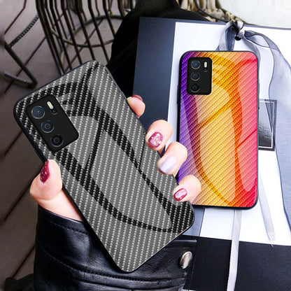 Slim Lightweight Scratch-Resistant Carbon Fiber Texture Luxury Hard Tempered Glass Back Cover Case for Oppo A16/A16s/A54s