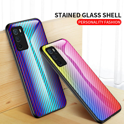 Slim Lightweight Scratch-Resistant Carbon Fiber Texture Luxury Hard Tempered Glass Back Cover Case for Oppo A16/A16s/A54s