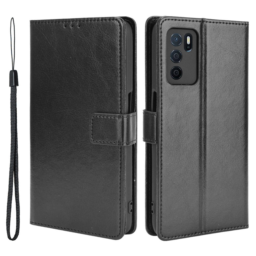 Crazy Horse PU Leather Wallet Protective Cellphone Shell with Stand and Wrist Strap for Oppo A16/A16s/A54s