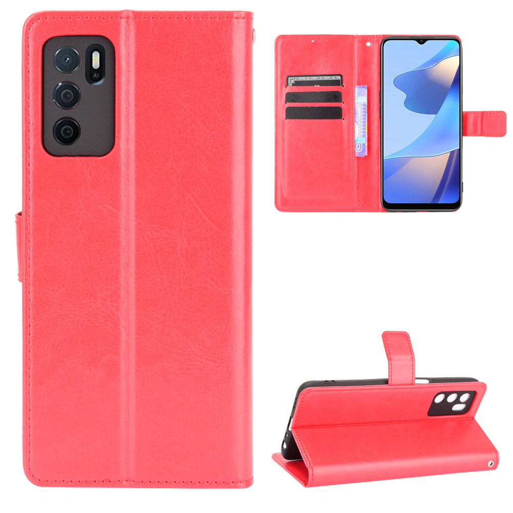 Crazy Horse PU Leather Wallet Protective Cellphone Shell with Stand and Wrist Strap for Oppo A16/A16s/A54s