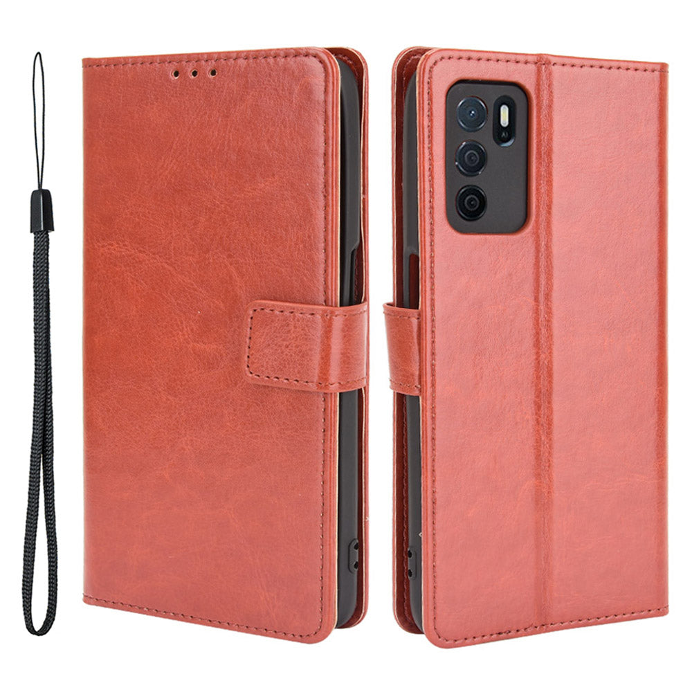 Crazy Horse PU Leather Wallet Protective Cellphone Shell with Stand and Wrist Strap for Oppo A16/A16s/A54s