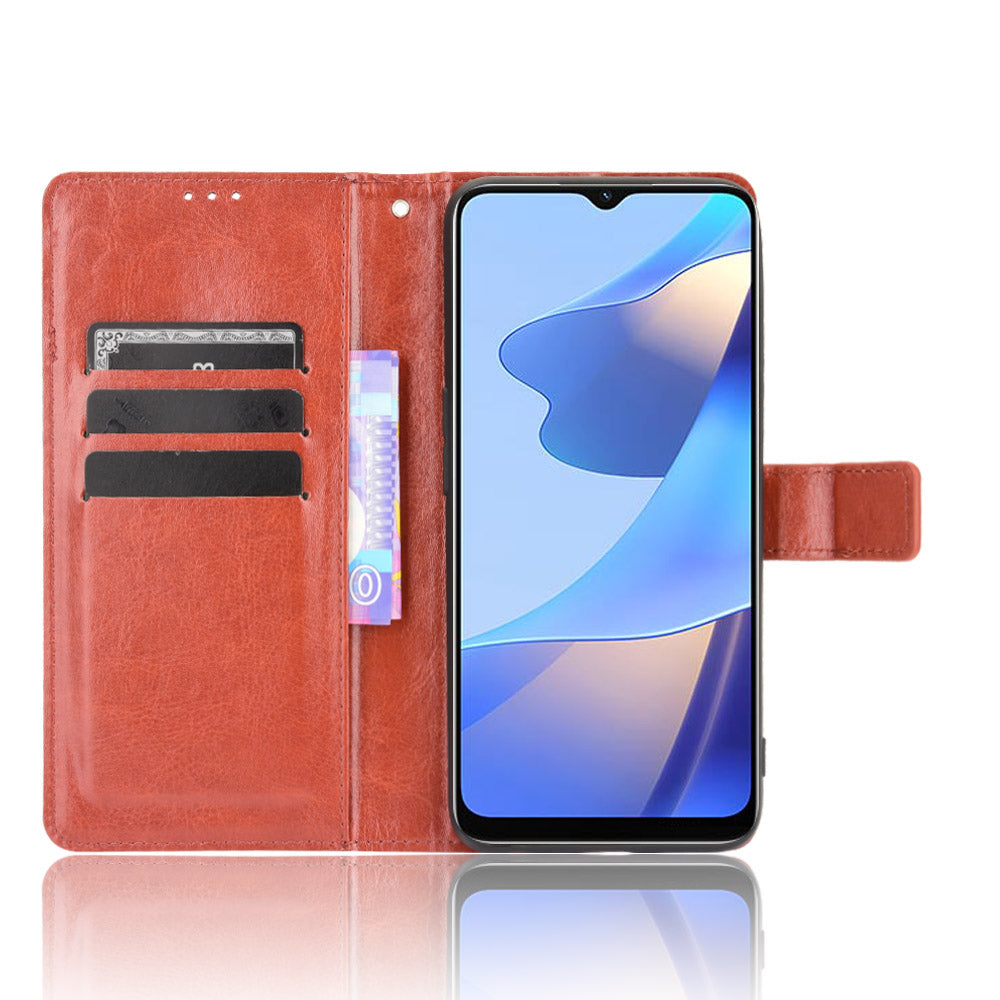 Crazy Horse PU Leather Wallet Protective Cellphone Shell with Stand and Wrist Strap for Oppo A16/A16s/A54s