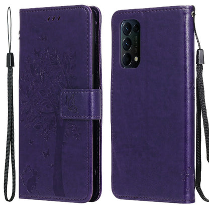 Imprinting Flower Series-3 Stand Wallet Leather Case Phone Cover with Imprinted Cat and Tree for Oppo Reno5 5G