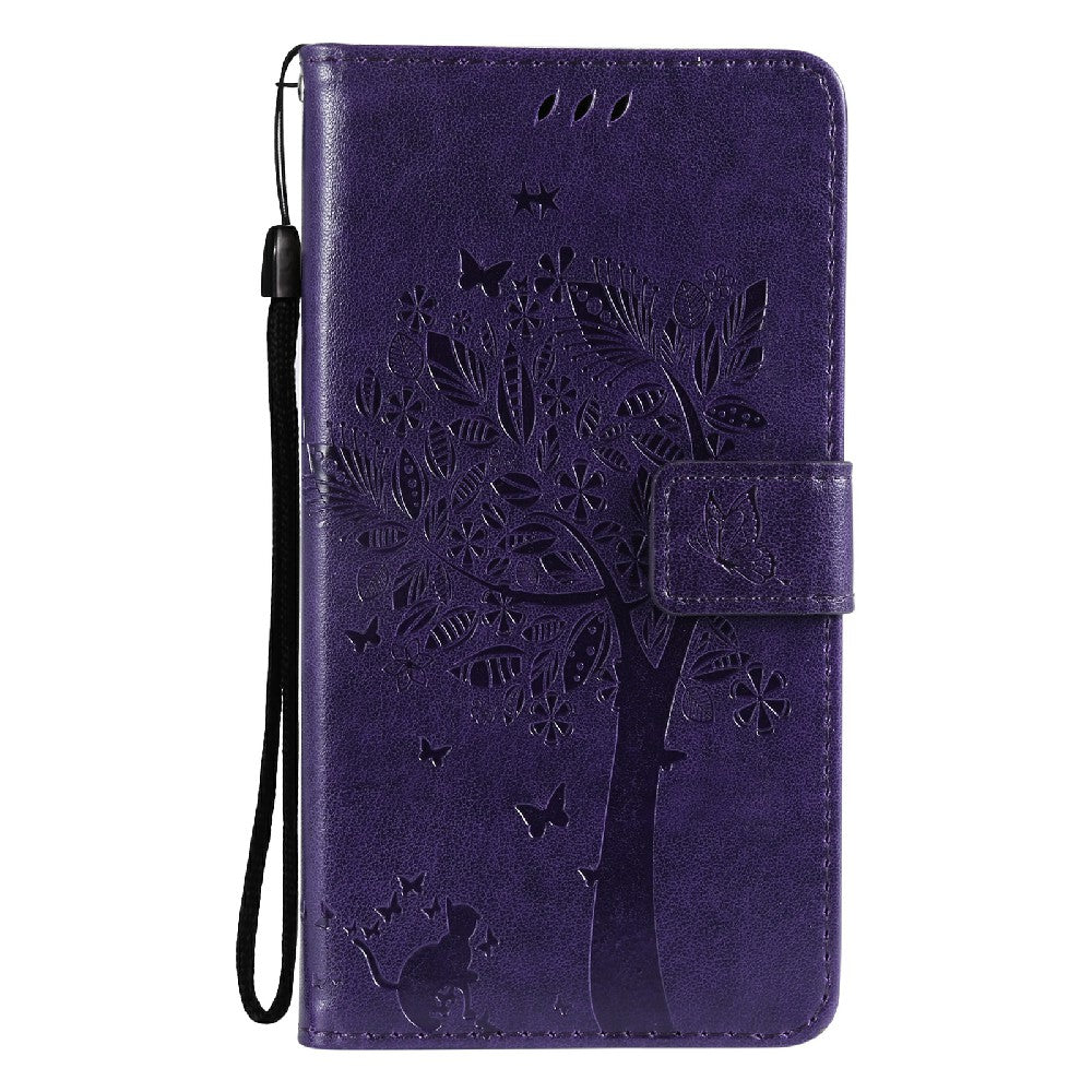 Imprinting Flower Series-3 Stand Wallet Leather Case Phone Cover with Imprinted Cat and Tree for Oppo Reno5 5G