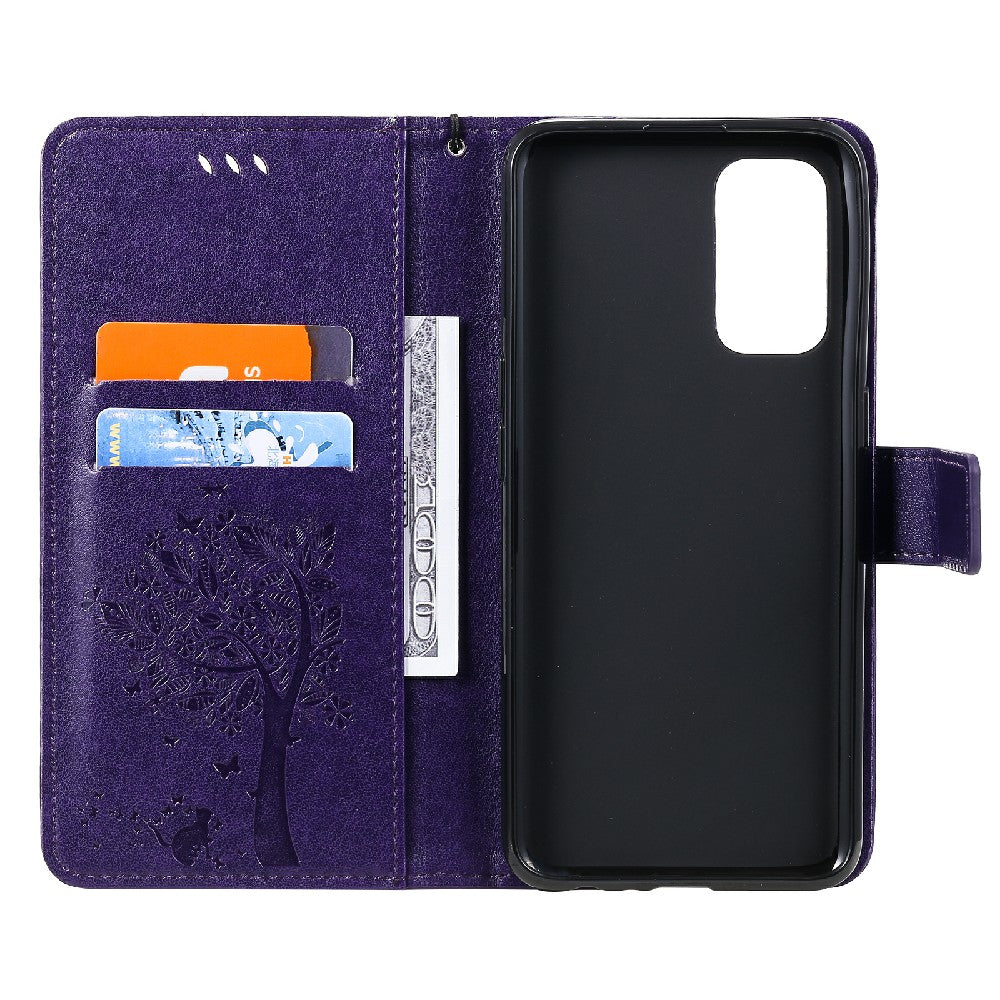 Imprinting Flower Series-3 Stand Wallet Leather Case Phone Cover with Imprinted Cat and Tree for Oppo Reno5 5G