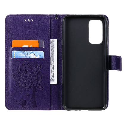 Imprinting Flower Series-3 Stand Wallet Leather Case Phone Cover with Imprinted Cat and Tree for Oppo Reno5 5G