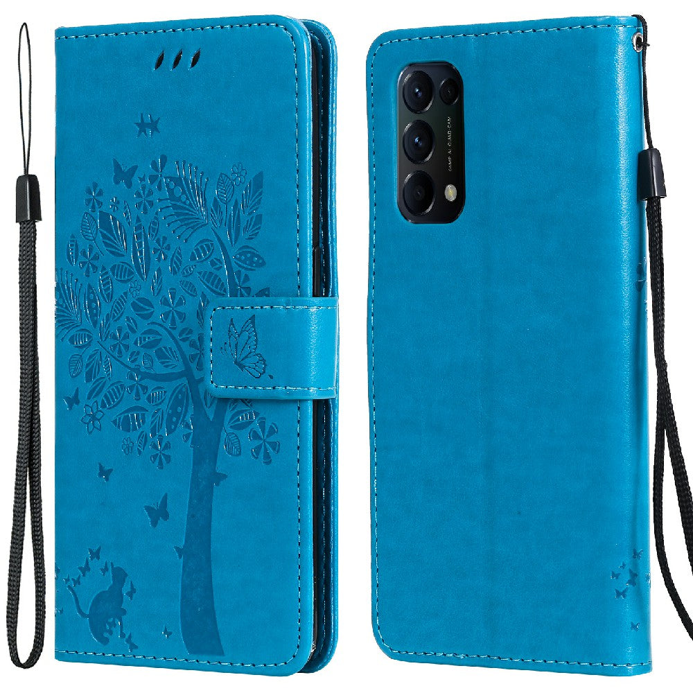 Imprinting Flower Series-3 Stand Wallet Leather Case Phone Cover with Imprinted Cat and Tree for Oppo Reno5 5G