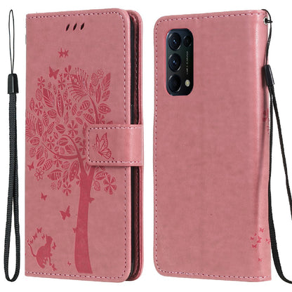 Imprinting Flower Series-3 Stand Wallet Leather Case Phone Cover with Imprinted Cat and Tree for Oppo Reno5 5G