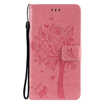 Imprinting Flower Series-3 Stand Wallet Leather Case Phone Cover with Imprinted Cat and Tree for Oppo Reno5 5G