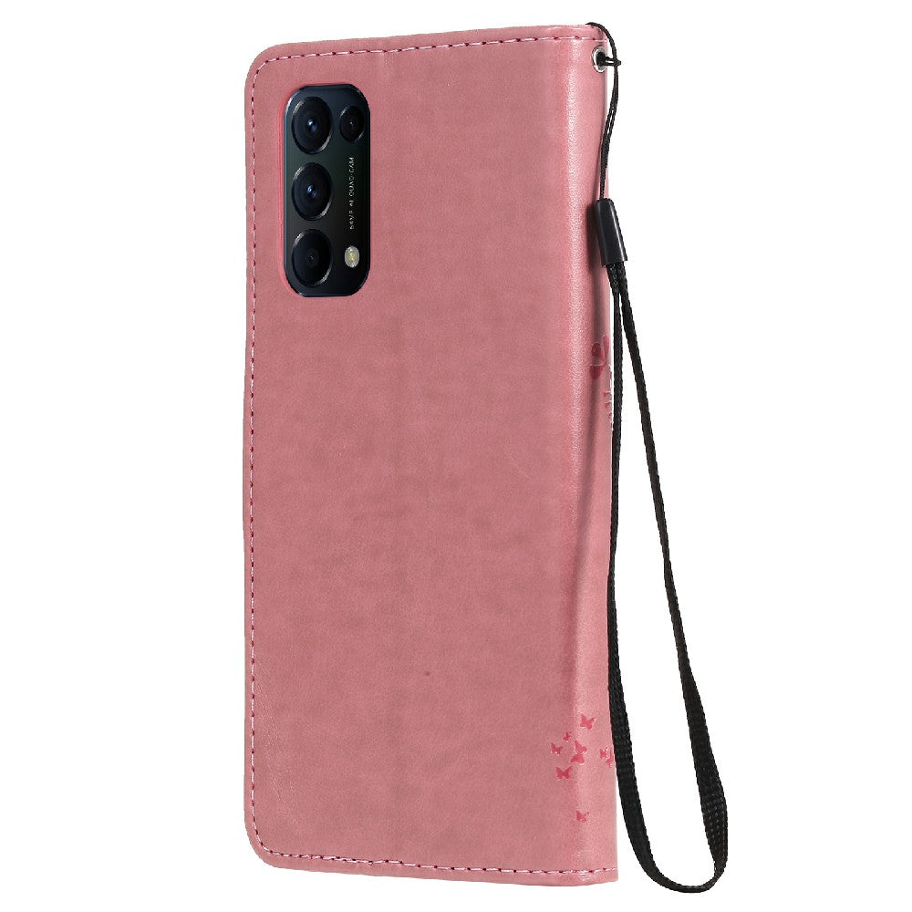 Imprinting Flower Series-3 Stand Wallet Leather Case Phone Cover with Imprinted Cat and Tree for Oppo Reno5 5G