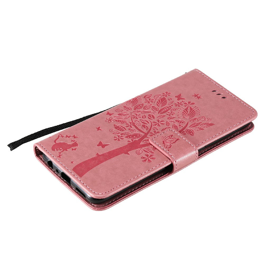 Imprinting Flower Series-3 Stand Wallet Leather Case Phone Cover with Imprinted Cat and Tree for Oppo Reno5 5G