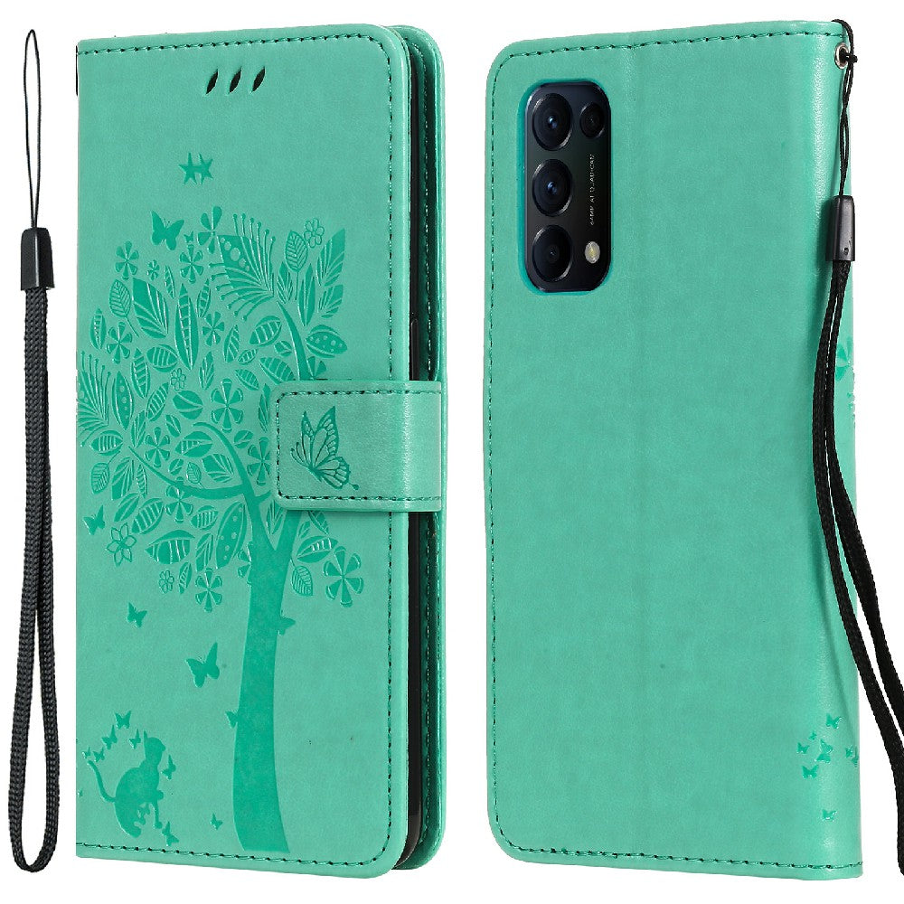 Imprinting Flower Series-3 Stand Wallet Leather Case Phone Cover with Imprinted Cat and Tree for Oppo Reno5 5G