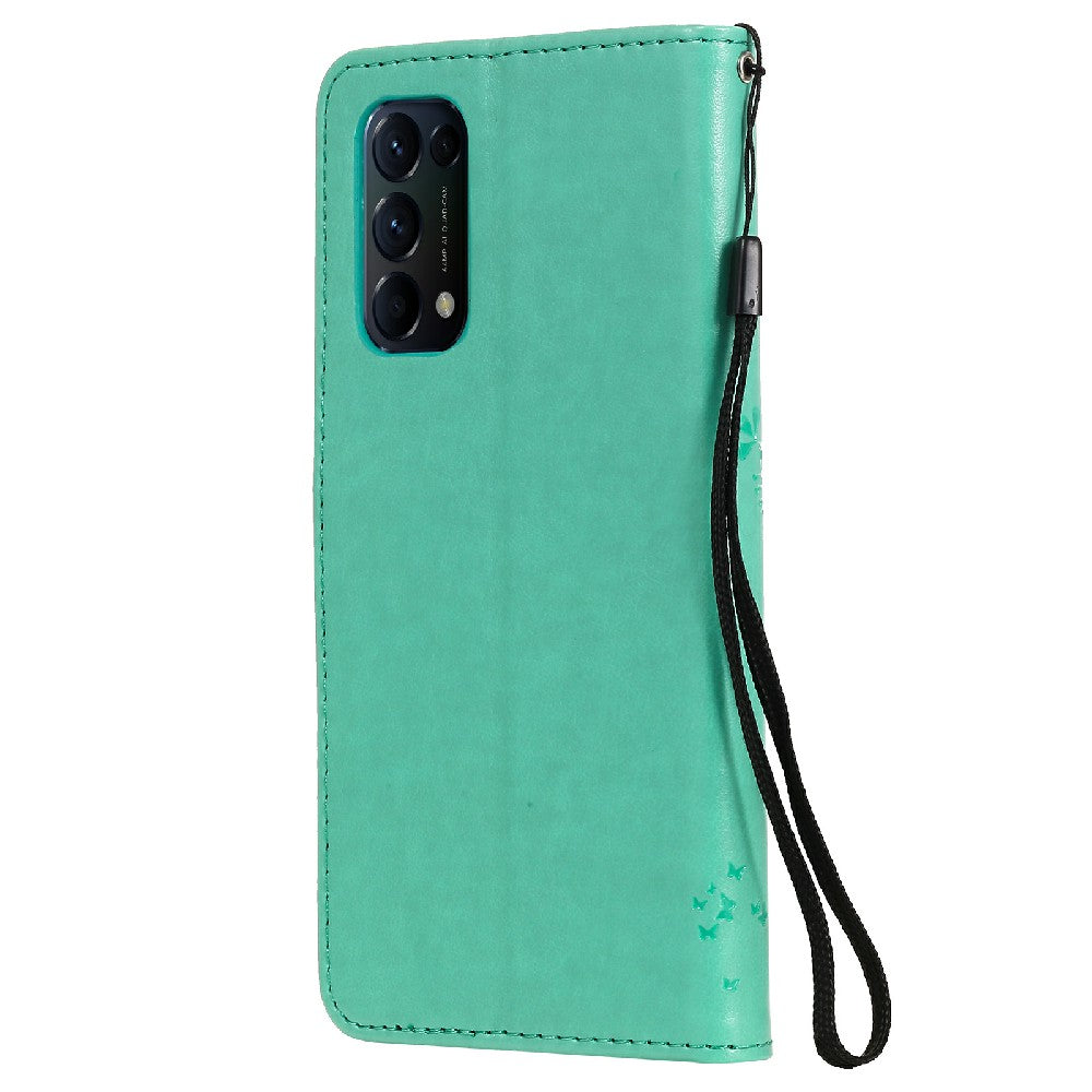 Imprinting Flower Series-3 Stand Wallet Leather Case Phone Cover with Imprinted Cat and Tree for Oppo Reno5 5G