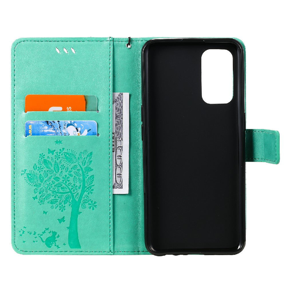 Imprinting Flower Series-3 Stand Wallet Leather Case Phone Cover with Imprinted Cat and Tree for Oppo Reno5 5G