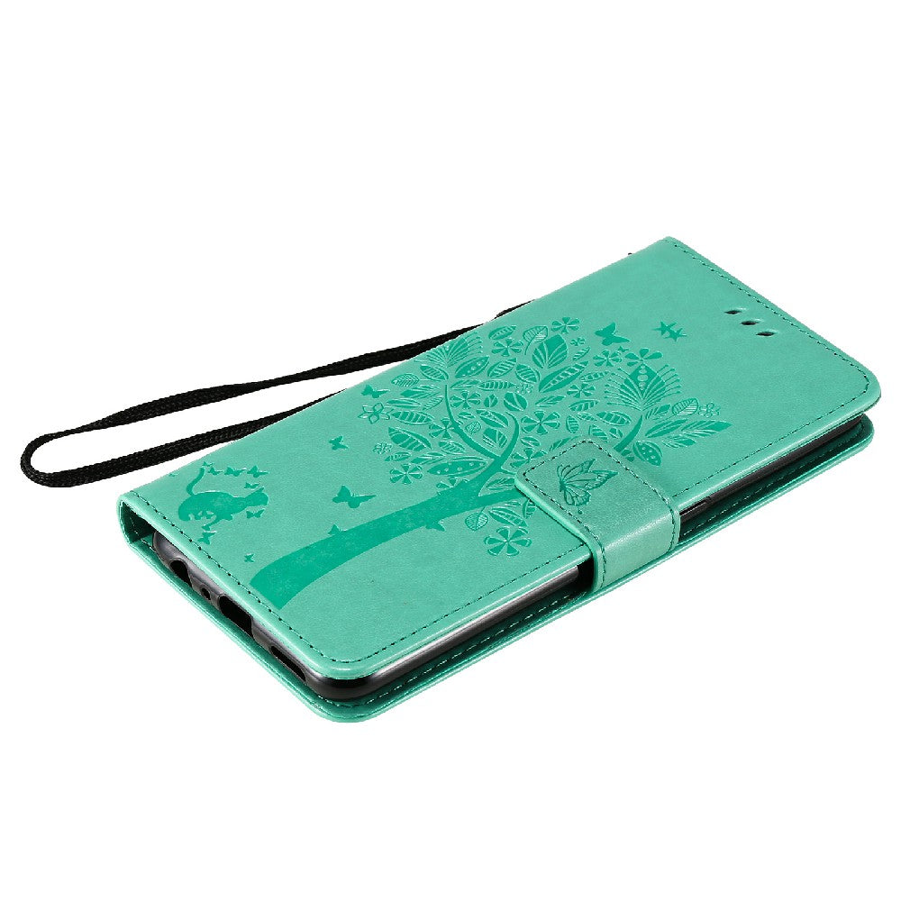 Imprinting Flower Series-3 Stand Wallet Leather Case Phone Cover with Imprinted Cat and Tree for Oppo Reno5 5G