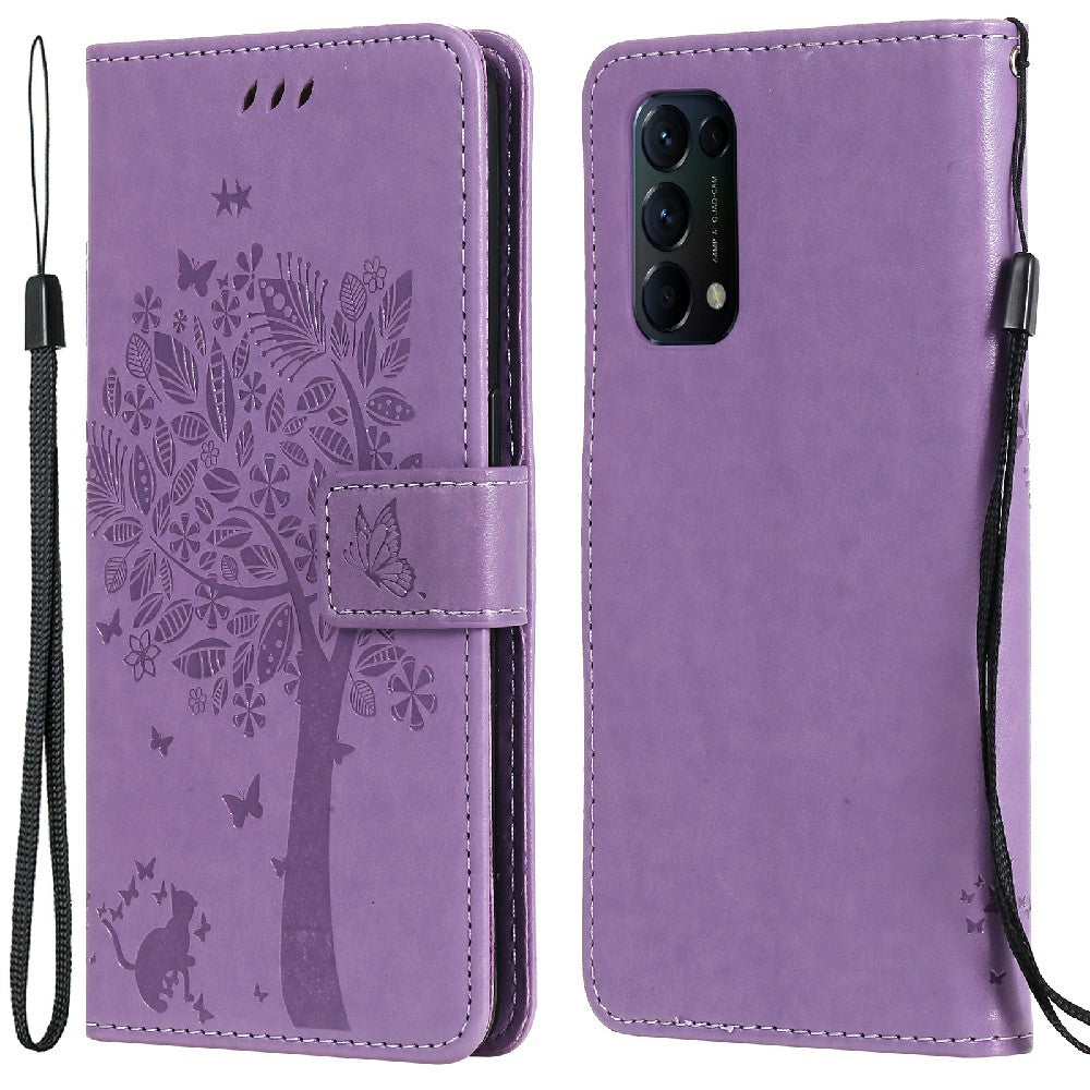 Imprinting Flower Series-3 Stand Wallet Leather Case Phone Cover with Imprinted Cat and Tree for Oppo Reno5 5G