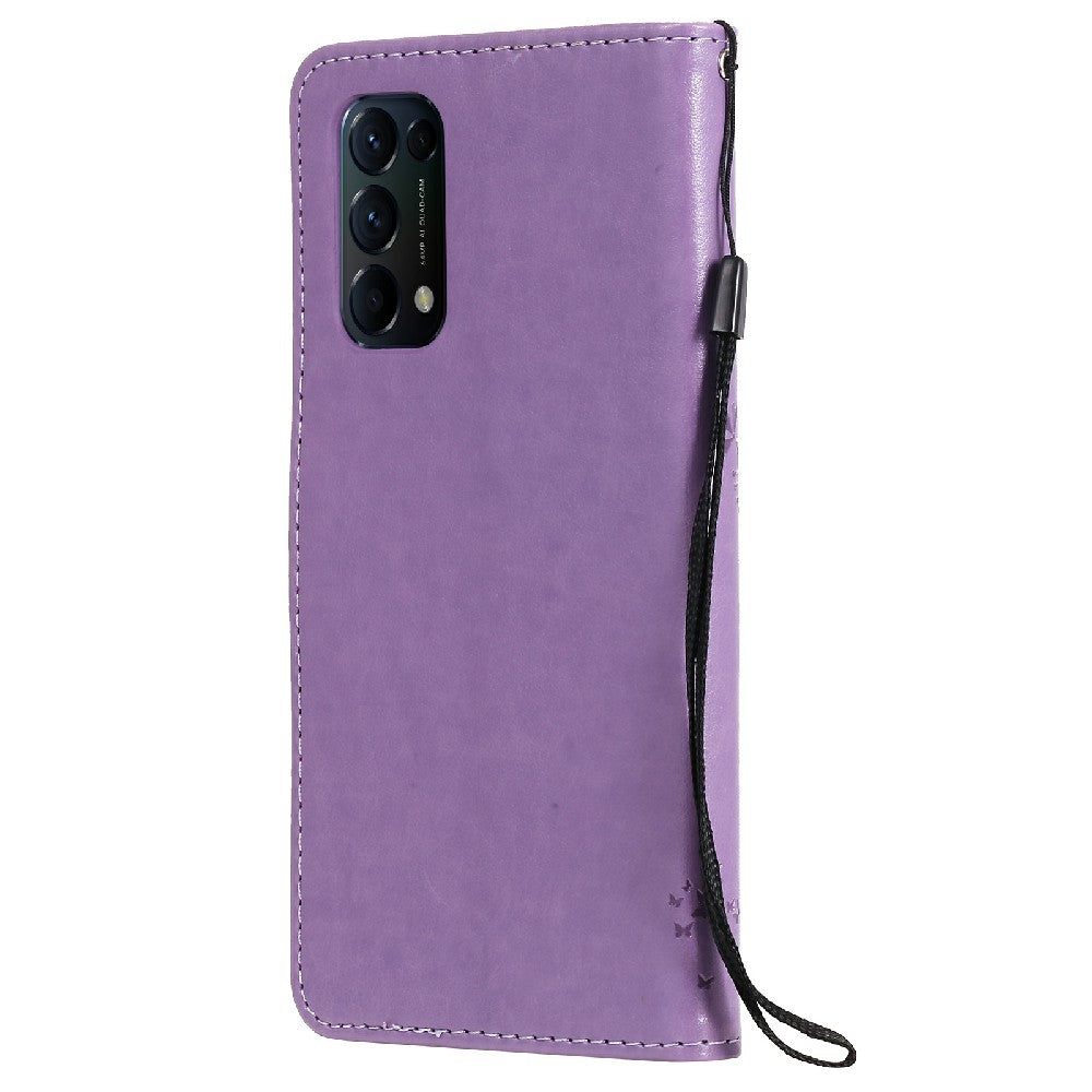 Imprinting Flower Series-3 Stand Wallet Leather Case Phone Cover with Imprinted Cat and Tree for Oppo Reno5 5G