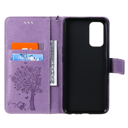 Imprinting Flower Series-3 Stand Wallet Leather Case Phone Cover with Imprinted Cat and Tree for Oppo Reno5 5G