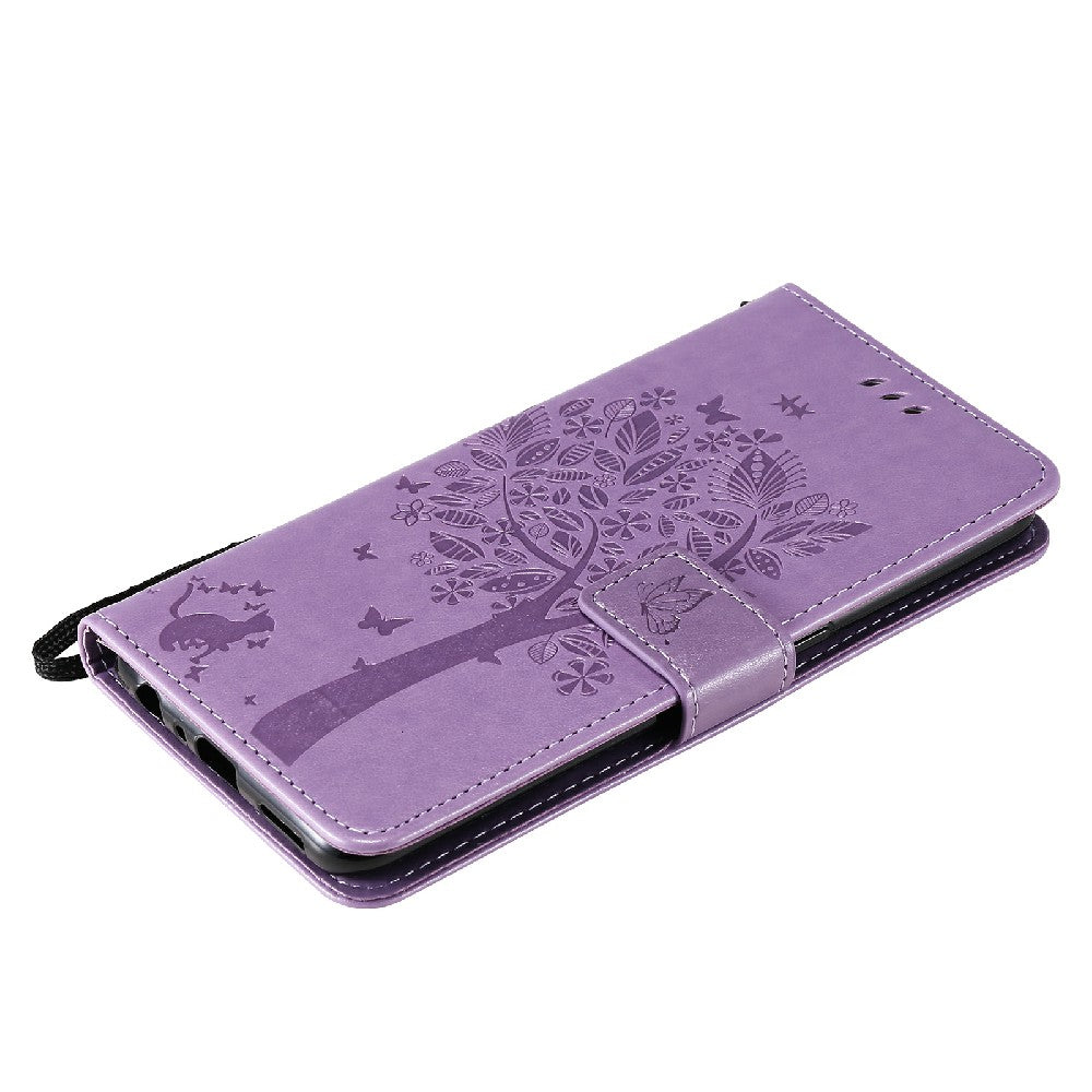 Imprinting Flower Series-3 Stand Wallet Leather Case Phone Cover with Imprinted Cat and Tree for Oppo Reno5 5G