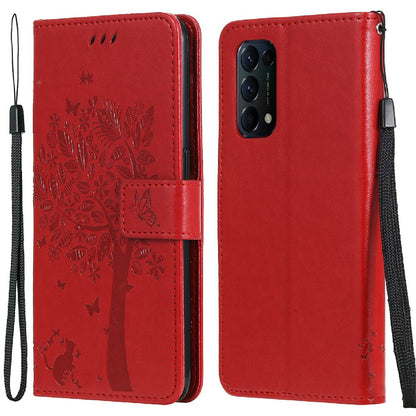 Imprinting Flower Series-3 Stand Wallet Leather Case Phone Cover with Imprinted Cat and Tree for Oppo Reno5 5G