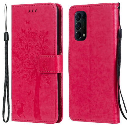 Imprinting Flower Series-3 Stand Wallet Leather Case Phone Cover with Imprinted Cat and Tree for Oppo Reno5 5G