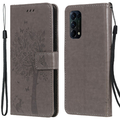 Imprinting Flower Series-3 Stand Wallet Leather Case Phone Cover with Imprinted Cat and Tree for Oppo Reno5 5G