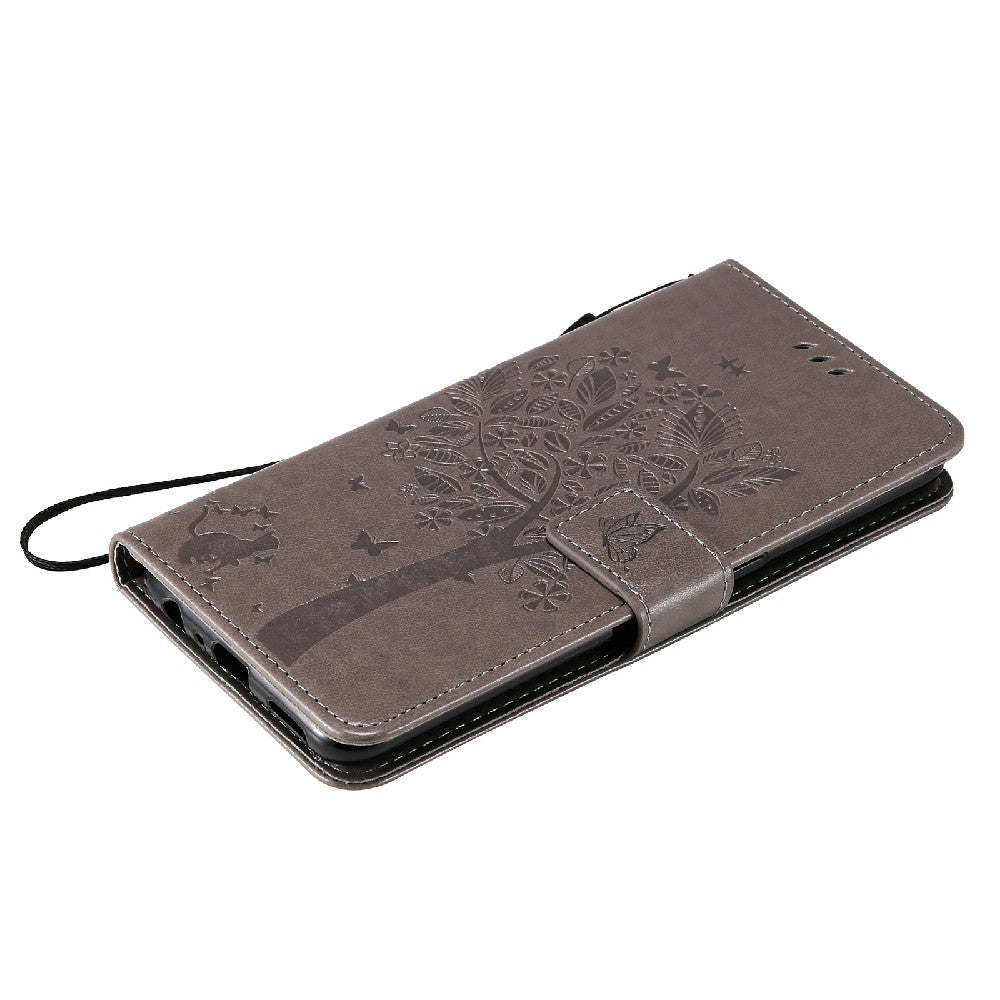 Imprinting Flower Series-3 Stand Wallet Leather Case Phone Cover with Imprinted Cat and Tree for Oppo Reno5 5G