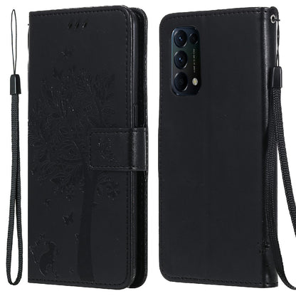 Imprinting Flower Series-3 Stand Wallet Leather Case Phone Cover with Imprinted Cat and Tree for Oppo Reno5 5G