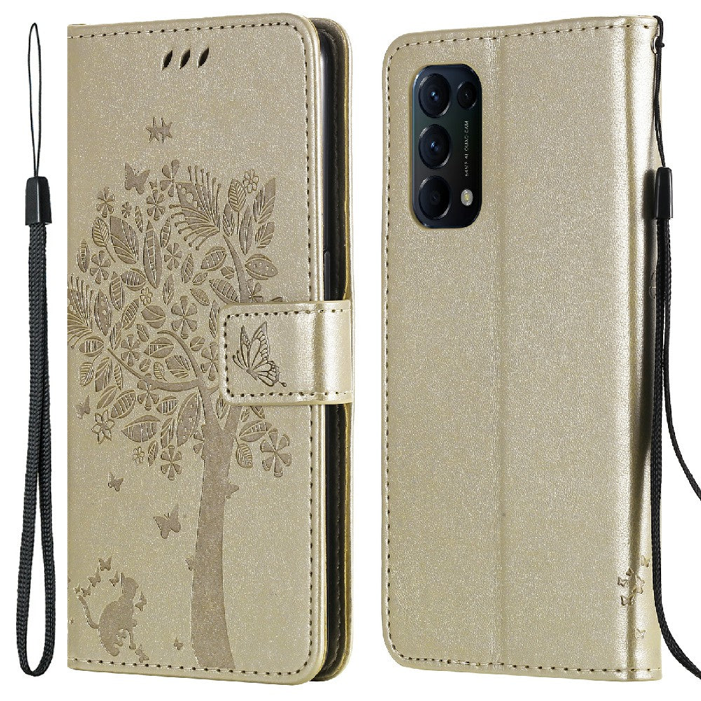 Imprinting Flower Series-3 Stand Wallet Leather Case Phone Cover with Imprinted Cat and Tree for Oppo Reno5 5G