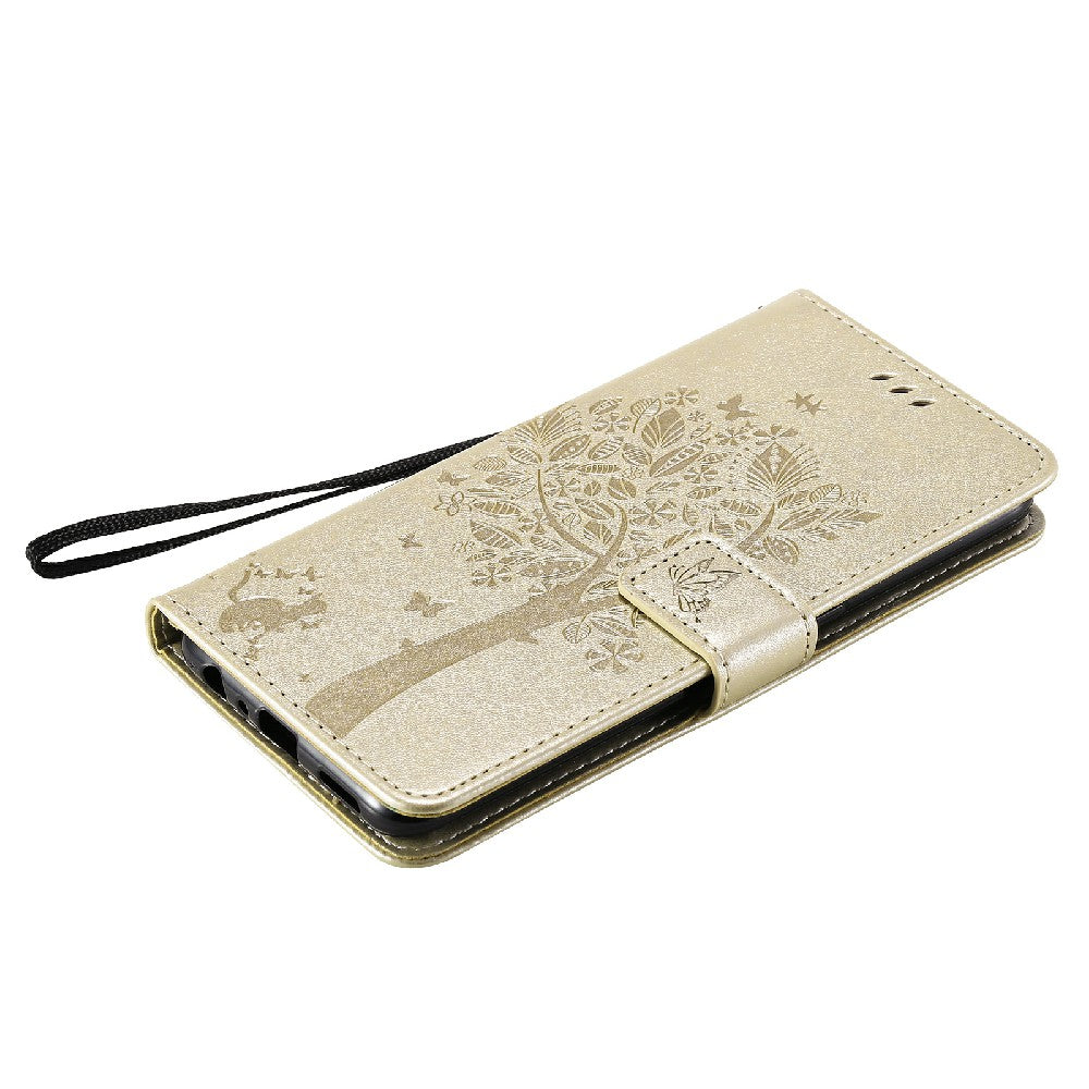 Imprinting Flower Series-3 Stand Wallet Leather Case Phone Cover with Imprinted Cat and Tree for Oppo Reno5 5G