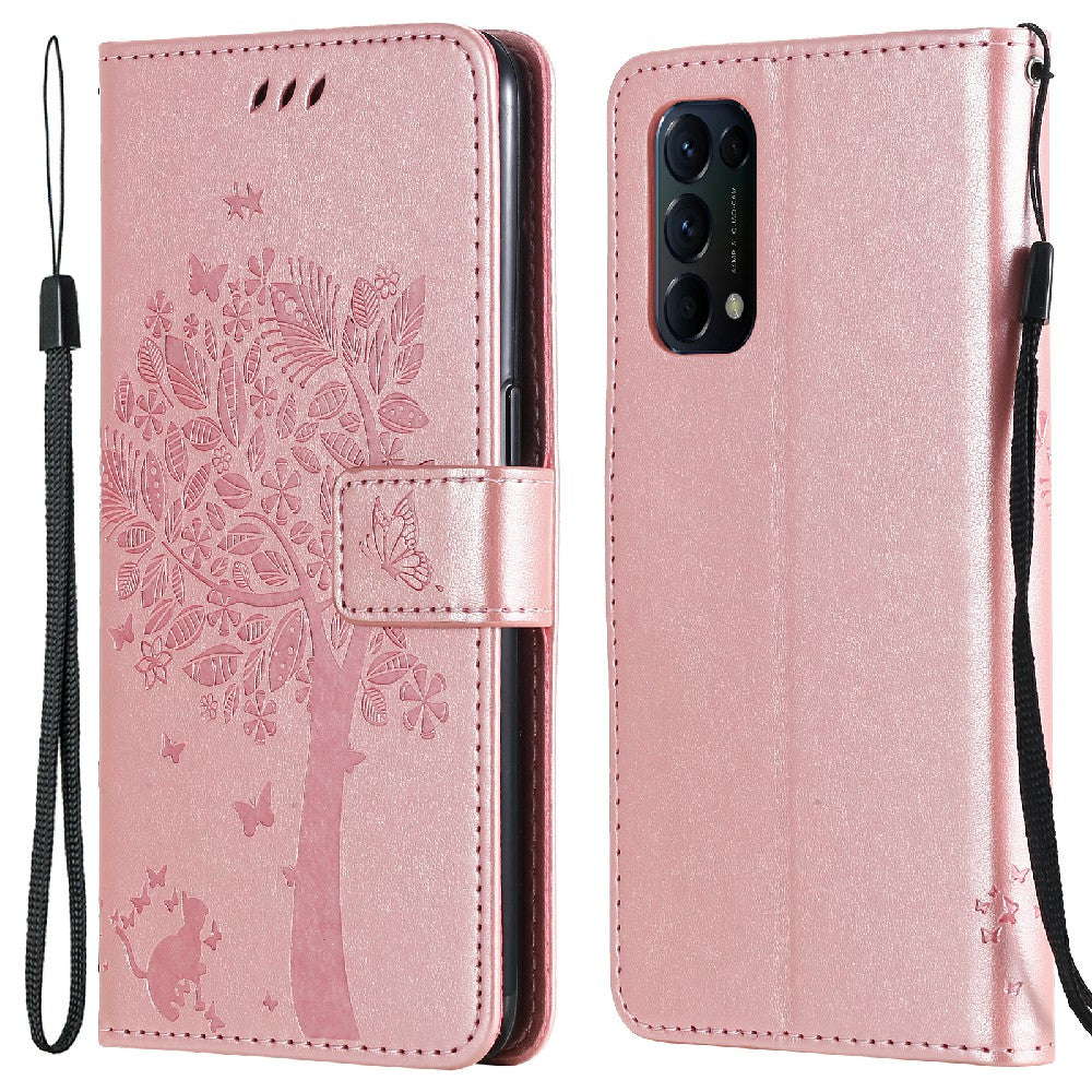 Imprinting Flower Series-3 Stand Wallet Leather Case Phone Cover with Imprinted Cat and Tree for Oppo Reno5 5G