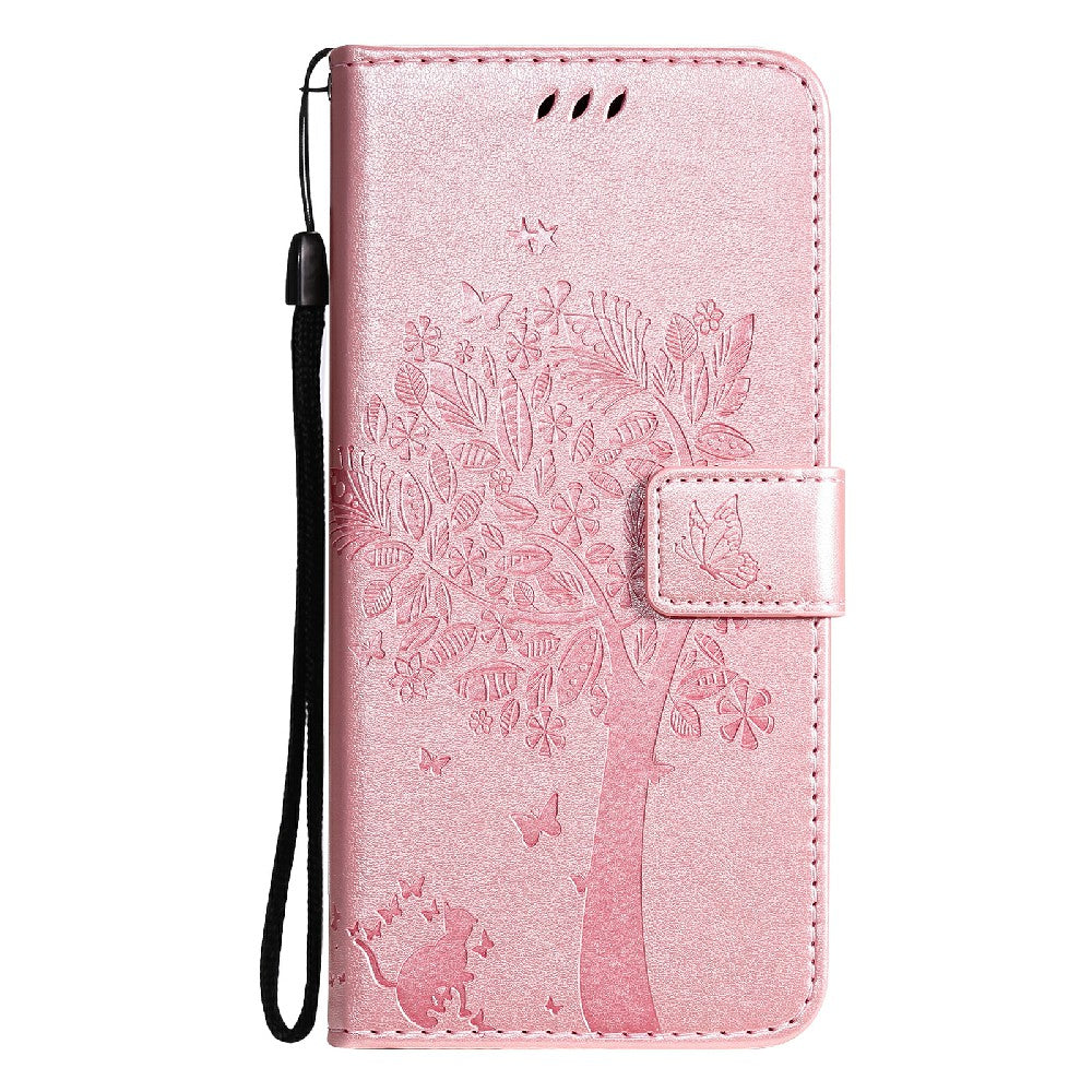 Imprinting Flower Series-3 Stand Wallet Leather Case Phone Cover with Imprinted Cat and Tree for Oppo Reno5 5G