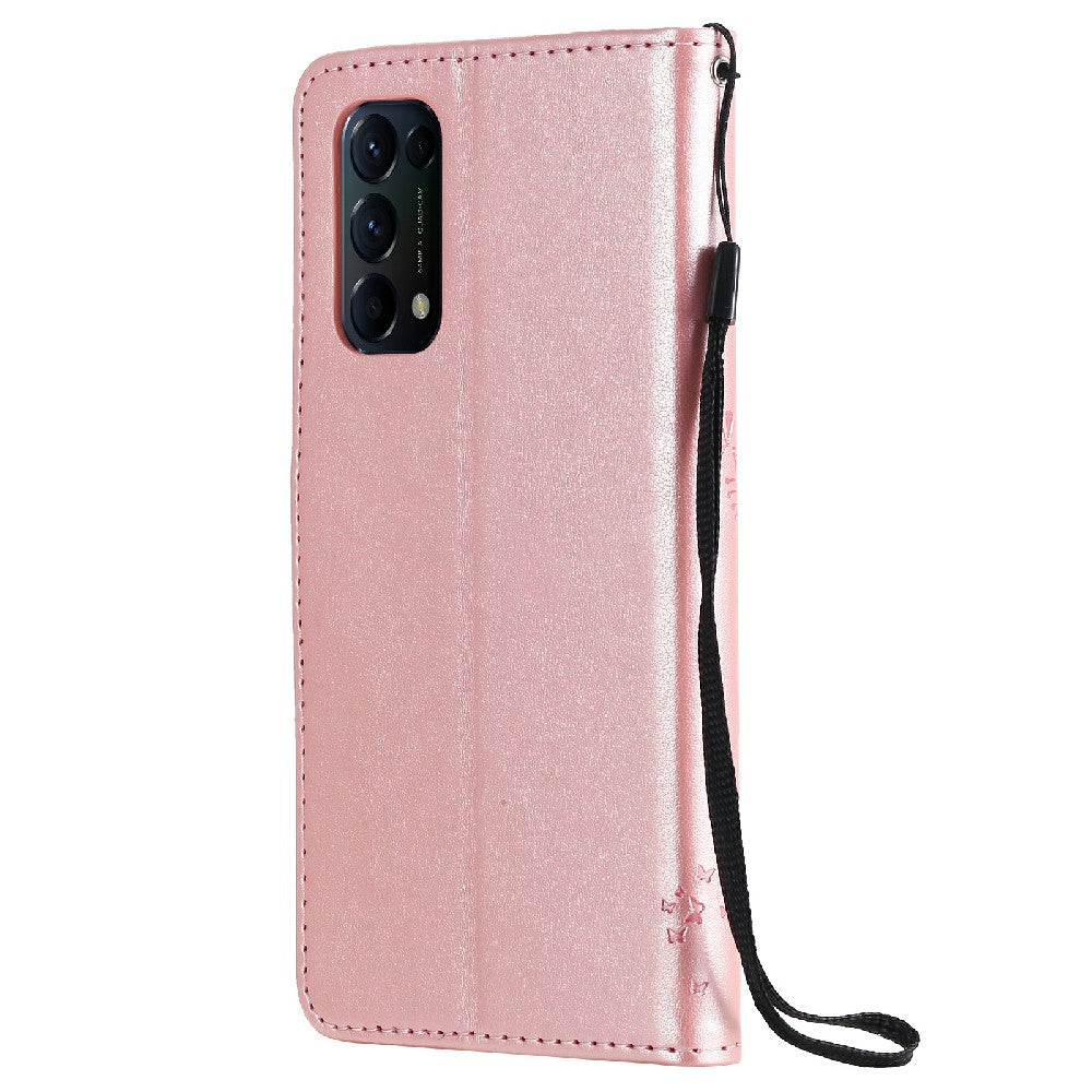 Imprinting Flower Series-3 Stand Wallet Leather Case Phone Cover with Imprinted Cat and Tree for Oppo Reno5 5G