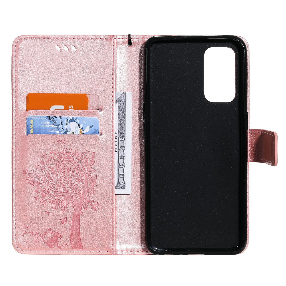 Imprinting Flower Series-3 Stand Wallet Leather Case Phone Cover with Imprinted Cat and Tree for Oppo Reno5 5G