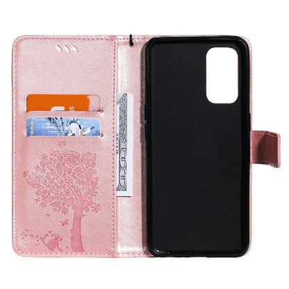 Imprinting Flower Series-3 Stand Wallet Leather Case Phone Cover with Imprinted Cat and Tree for Oppo Reno5 5G