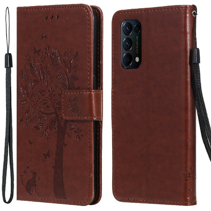 Imprinting Flower Series-3 Stand Wallet Leather Case Phone Cover with Imprinted Cat and Tree for Oppo Reno5 5G