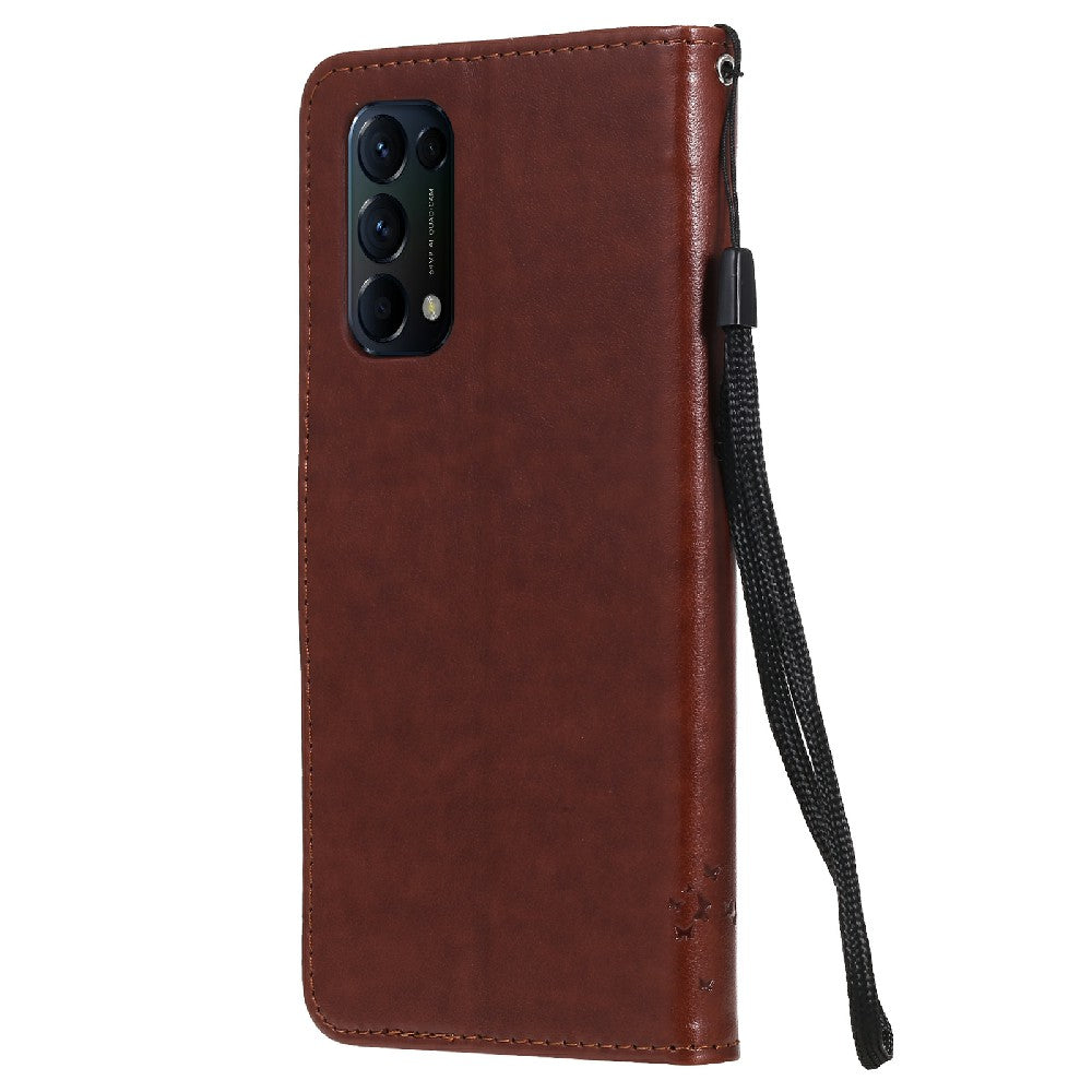 Imprinting Flower Series-3 Stand Wallet Leather Case Phone Cover with Imprinted Cat and Tree for Oppo Reno5 5G