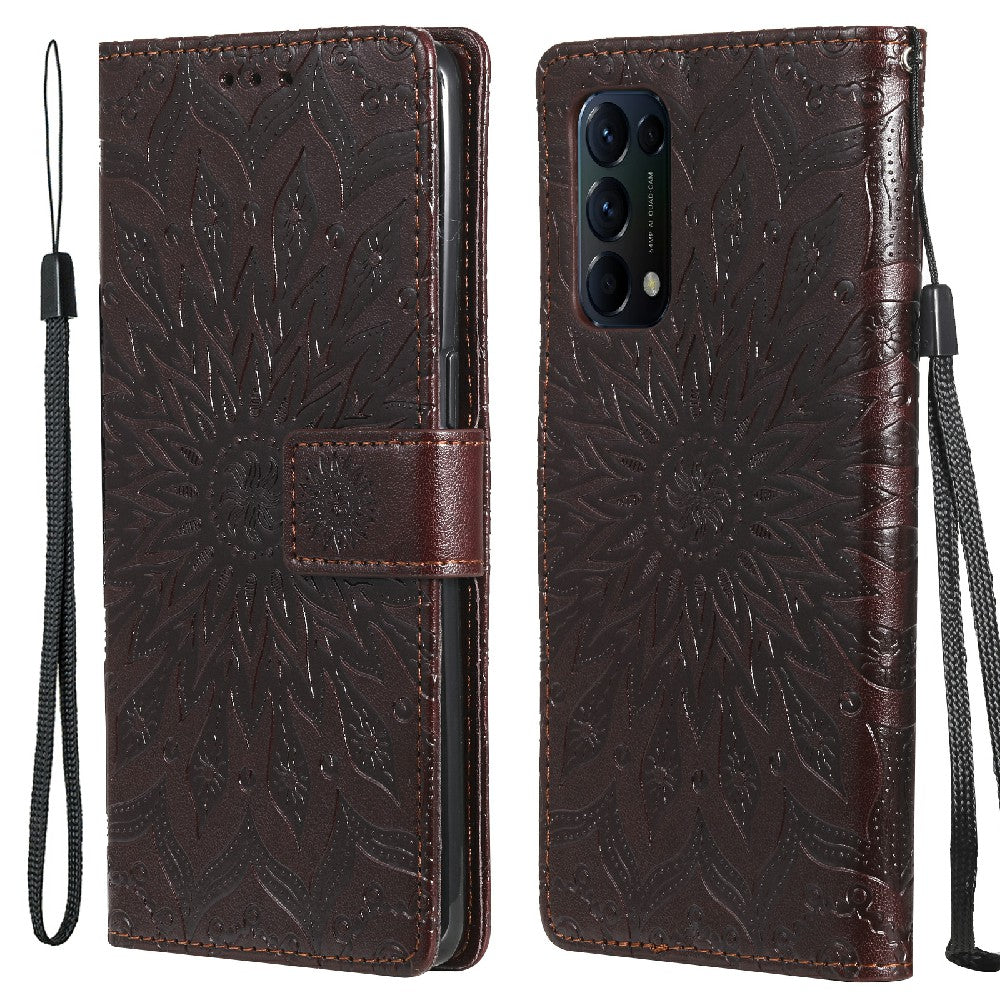 KT Imprinting Flower Series-1 Sunflower Imprint Stylish Pattern Magnetic Clasp Wallet Stand PU Leather Phone Cover Shell for Oppo Reno5 4G/5G/Reno5 K/Find X3 Lite