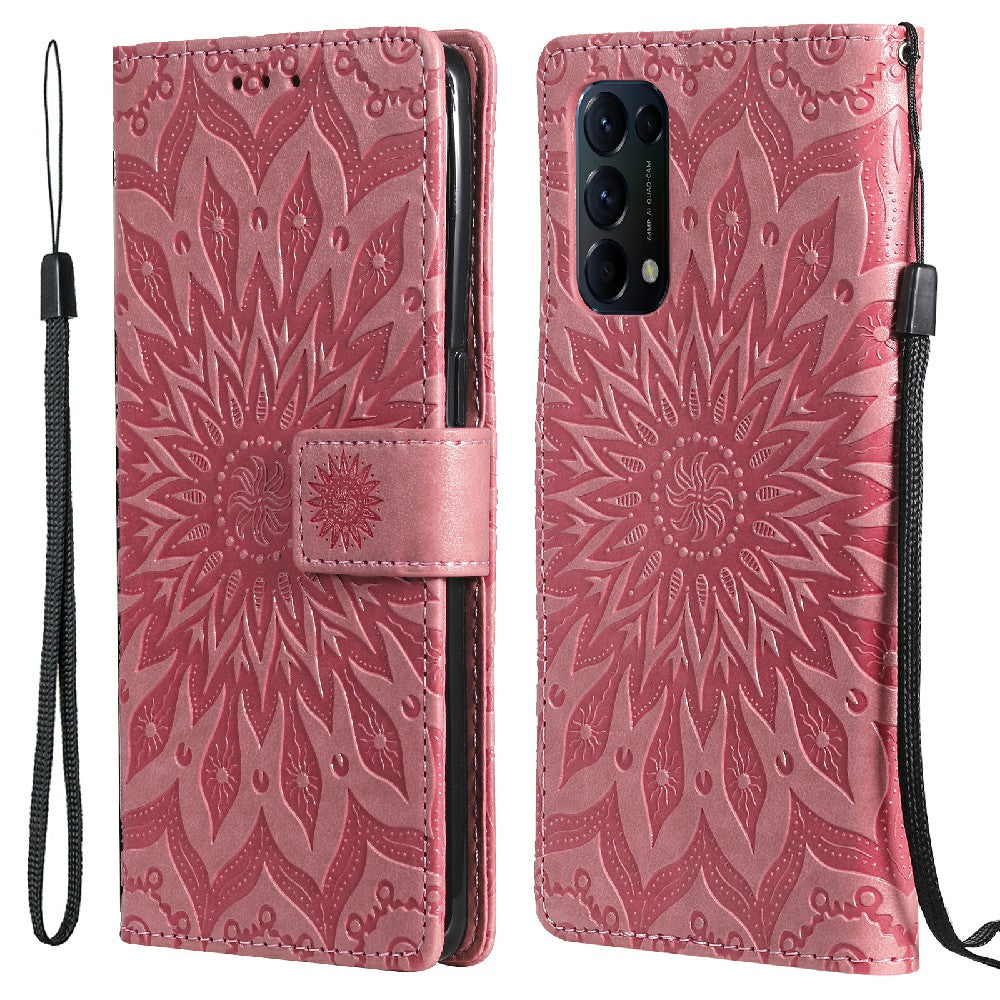 KT Imprinting Flower Series-1 Sunflower Imprint Stylish Pattern Magnetic Clasp Wallet Stand PU Leather Phone Cover Shell for Oppo Reno5 4G/5G/Reno5 K/Find X3 Lite