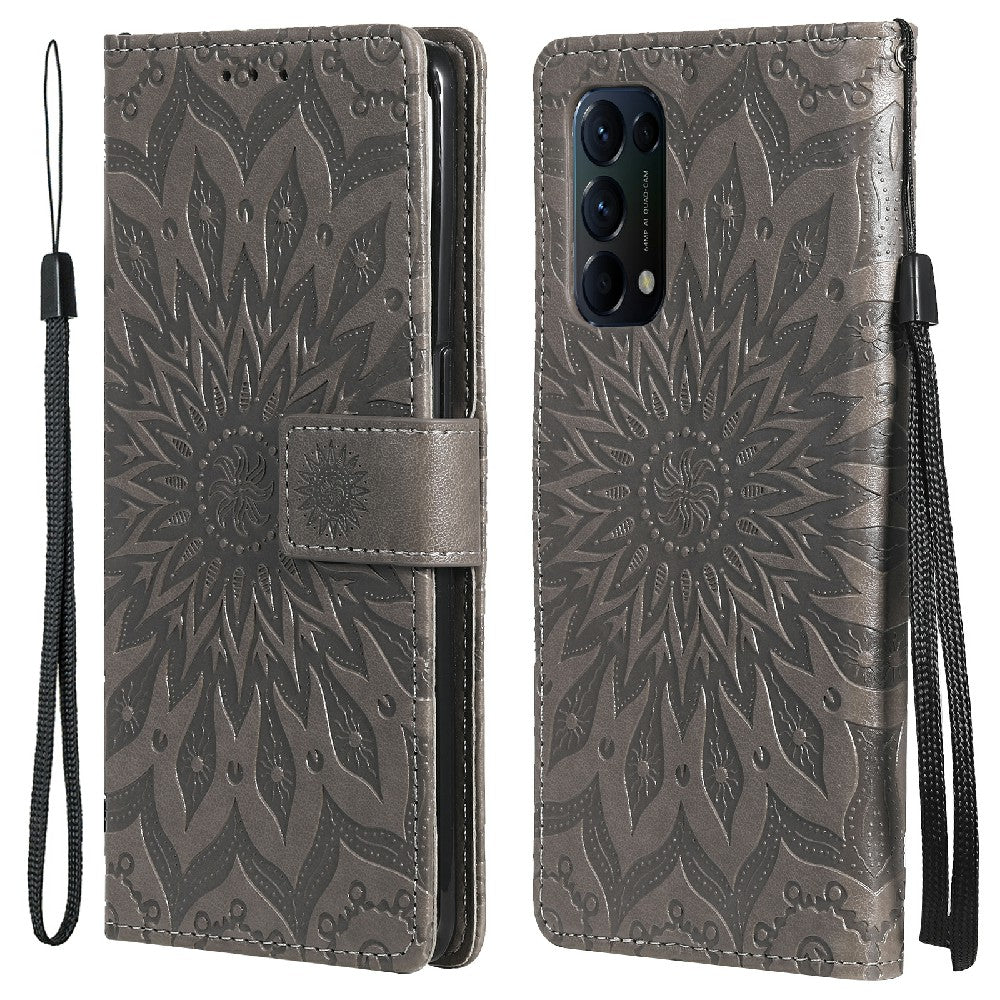 KT Imprinting Flower Series-1 Sunflower Imprint Stylish Pattern Magnetic Clasp Wallet Stand PU Leather Phone Cover Shell for Oppo Reno5 4G/5G/Reno5 K/Find X3 Lite