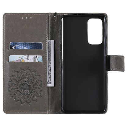 KT Imprinting Flower Series-1 Sunflower Imprint Stylish Pattern Magnetic Clasp Wallet Stand PU Leather Phone Cover Shell for Oppo Reno5 4G/5G/Reno5 K/Find X3 Lite