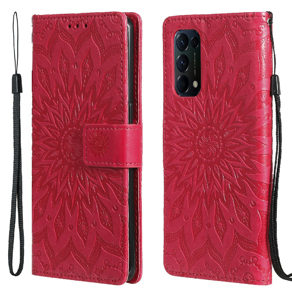 KT Imprinting Flower Series-1 Sunflower Imprint Stylish Pattern Magnetic Clasp Wallet Stand PU Leather Phone Cover Shell for Oppo Reno5 4G/5G/Reno5 K/Find X3 Lite