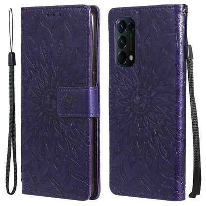 KT Imprinting Flower Series-1 Sunflower Imprint Stylish Pattern Magnetic Clasp Wallet Stand PU Leather Phone Cover Shell for Oppo Reno5 4G/5G/Reno5 K/Find X3 Lite