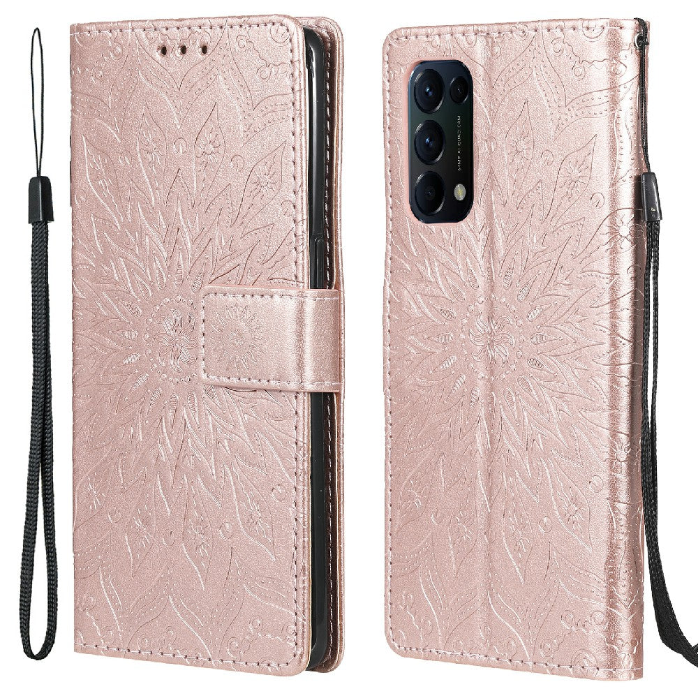 KT Imprinting Flower Series-1 Sunflower Imprint Stylish Pattern Magnetic Clasp Wallet Stand PU Leather Phone Cover Shell for Oppo Reno5 4G/5G/Reno5 K/Find X3 Lite