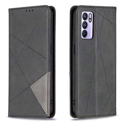 For Oppo Reno6 5G Rhombus-Like Imprinting Folio Flip Magnetic Leather Case Shell with Stand and Card Holder